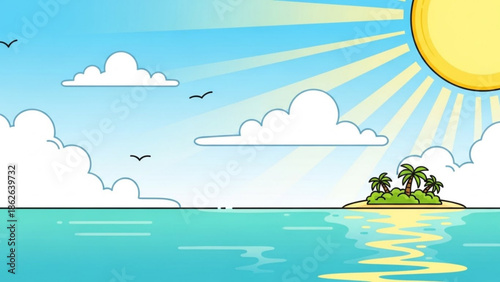 Tropical island paradise with palm trees and sunny sky