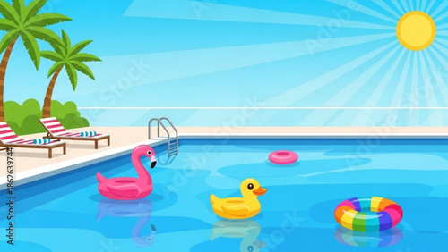 Vibrant summer pool scene with inflatable toys and palm trees