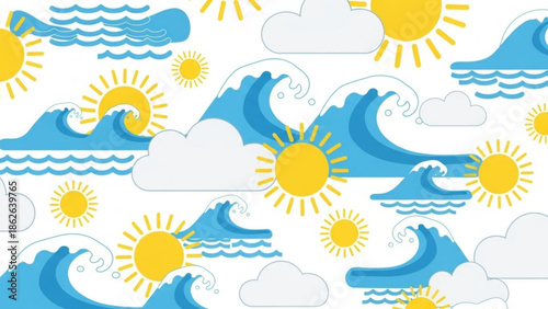 Vibrant ocean waves and sunny skies in playful seamless pattern