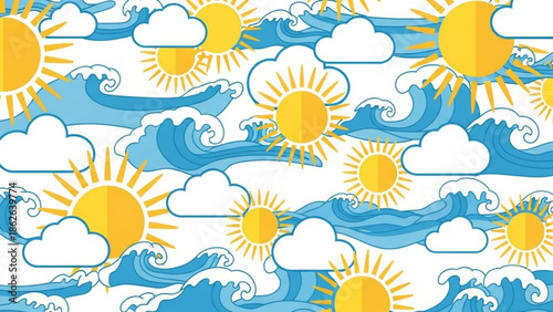 Vibrant sunny ocean waves and clouds pattern background