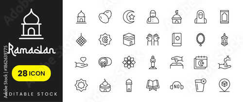 Ramadan icons set with crescent moon and lantern symbols, Islamic holy month vector illustrations for fasting, prayer, celebration, and design use.