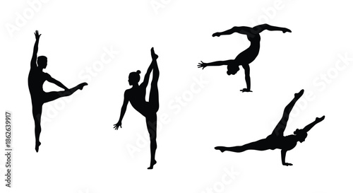 Dynamic gymnastic poses captured in stark black forms showcasing athletic grace a silhouette