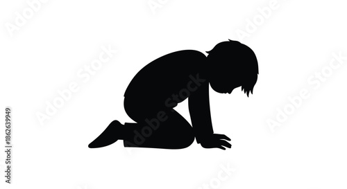 A kneeling child in a dark dramatic pose showcasing a striking black silhouette