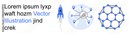 Space technology, global networking, molecular research, innovation, science education, data visualization. Rocket launch, global map with connections molecular grid pattern. Space technology