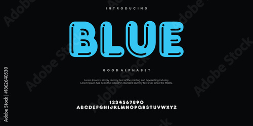 Blue minimalist display font design, alphabet, typeface, letters and numbers, typography.