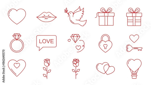 Romantic Love and Wedding Icons Line Vector Illustration