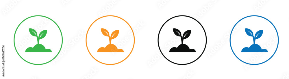Obraz premium Vibrant plant growth icons in four colors on white background ,Potted plant growth. Simple icon of a potted plant, symbolizing growth, progress, and new.
