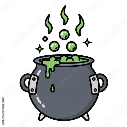 Cartoon Black Cauldron With Steam And Green Potion Bubbling Over.