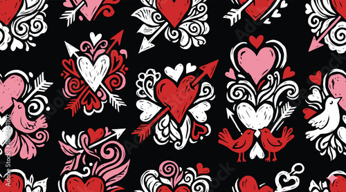 Seamless Valentine's Day Grunge Pattern with Folk Art Hearts and Arrows