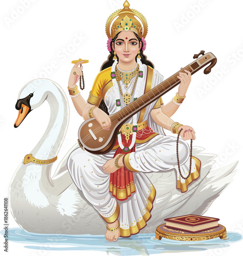 Goddess Saraswati on Swan Playing Veena Vasant Panchami Puja
