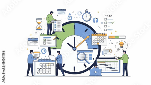 Time Management Illustration - People Planning and Organizing Tasks Around a Clock.