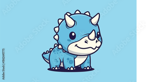 Adorable Blue Triceratops Cartoon Character with Spikes and Horns.