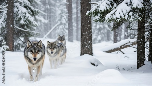 Two gray wolves in snowy forest.