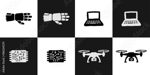 Vector Set of 4, hand-drawn Technology Icons: Robotic Hand, Laptop, Circuit Board, and Drone