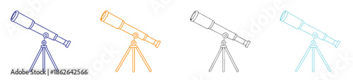 Telescope icons in different colors and styles. Telescopes in different colors on tripods for astronomy.