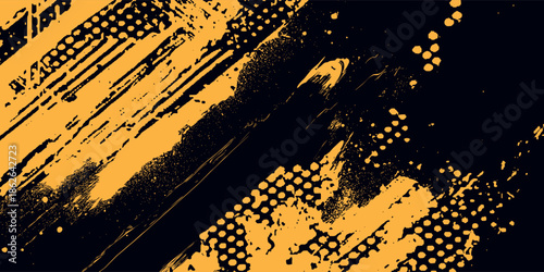 Black and yellow abstract background with brush stroke and halftone style. abstract grunge