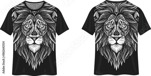 Lion face graphic T-shirt, black shirt with white lion, tribal animal design, symmetrical pattern, fashion apparel, bold print, streetwear