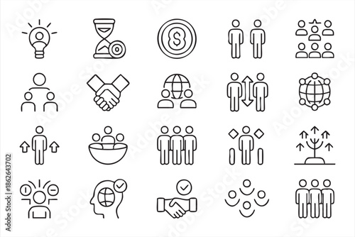 Business Team Collaboration Icons for UI Systems, Strategy Platforms, Corporate Apps