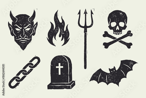 Vintage Grunge Devil and Horror Icon Set with Skull, Bat, and Trident Symbols