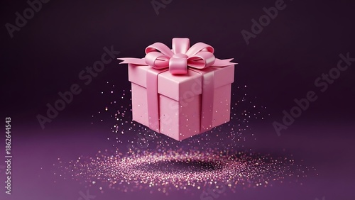 Pink gift box with ribbon and confetti.
