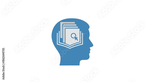 Human Head Silhouette with Books and Magnifying Glass Icon.