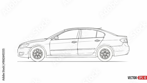 Detailed Line Art Illustration of a Modern Sedan Car.