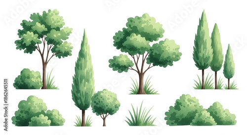 Abstract Watercolor Green Tree Side View Set for Landscape Architecture Plan