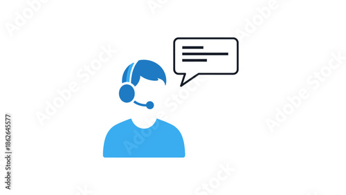 Customer service representative with headset and speech bubble icon.
