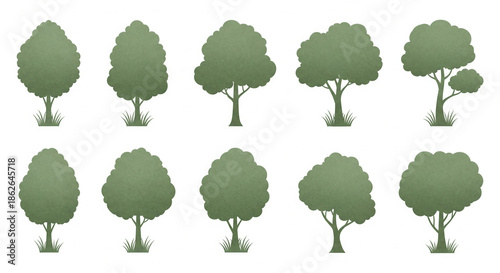 Minimal Watercolor Green Tree Side View Elements for Landscape Layout Design
