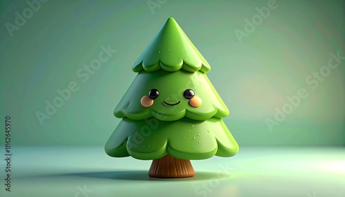 Cartoon-style Christmas tree with smiling face against a green backdrop