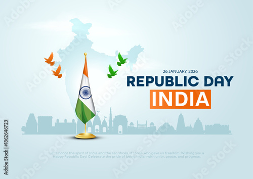 26 January Happy Republic Day Background Design with indian flag Template Illustration, 77th Indian Republic Day for poster, banner, card.
