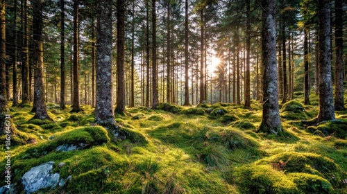 Wallpaper Mural Sunlight filters through tall evergreen trees onto a moss covered forest floor Torontodigital.ca