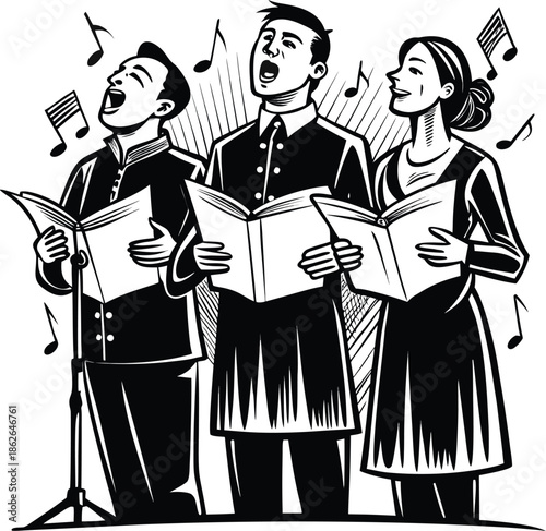 Choir ensemble singing vocal music performance in woodcut linocut black and white vector illustration