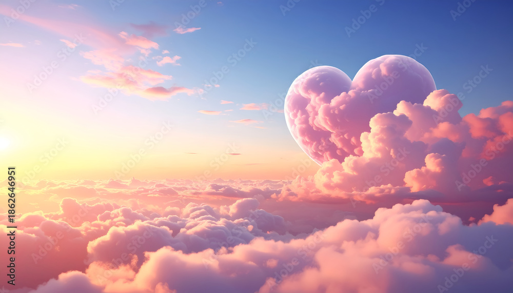 Fototapeta premium Heart shaped cloud glowing in the soft pink and purple sky at sunset, romantic dreamy atmosphere, love and imagination concept, and beautiful heavenly background.