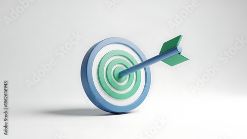 Target with arrow hitting bullseye isolated on white background representing success, accuracy, achievement, business goals, and strategic focus