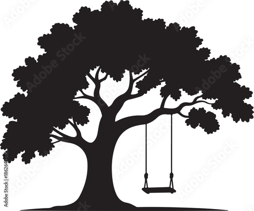 Tree with Swing Silhouette – Swinging Tree Vector Black on White”
