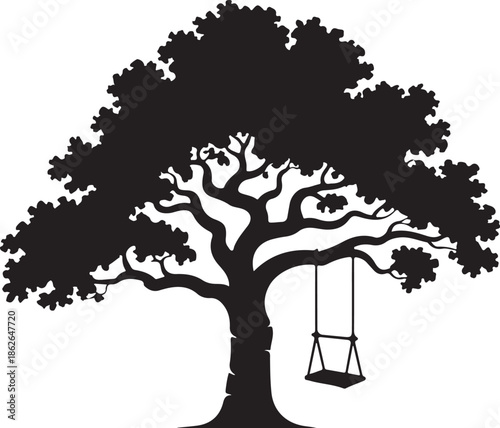 Tree with Swing Silhouette – Swinging Tree Vector Black on White”