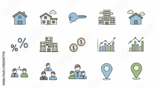 Real Estate and Business Icons Set - Property, Finance, and Teamwork.