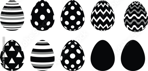 Black and white Easter egg vector set, abstract decorative patterns, holiday design elements, striped, dotted, zigzag, wavy, geometric, minimal, modern style