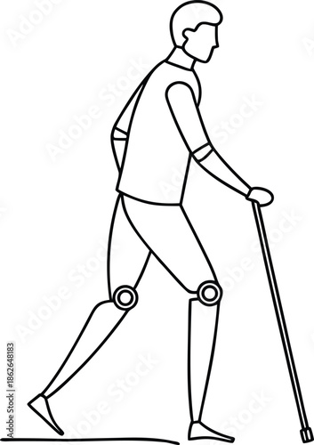 Man walking with prosthetic leg and cane line art vector illustration for disability and rehabilitation concept