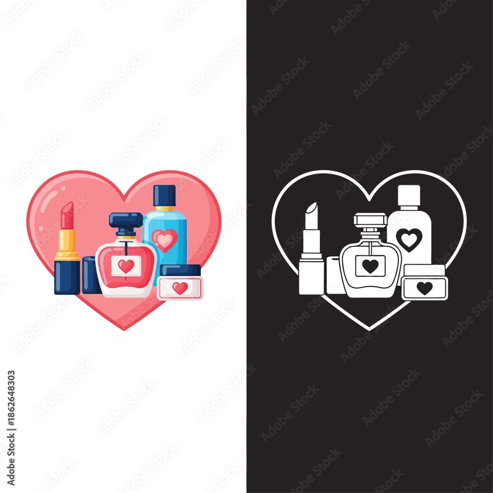 Obraz premium Graphic illustration of cosmetics and perfume in heart shapes, with red and white color schemes, against a split white and black background.