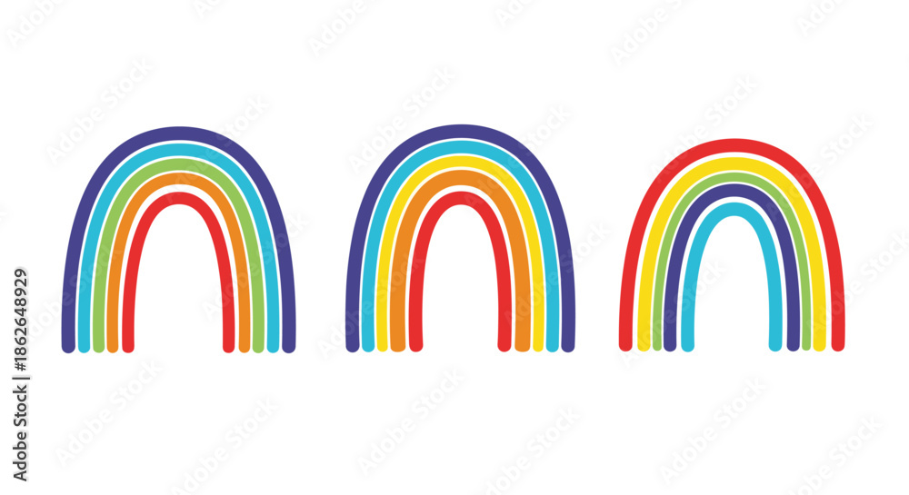 Obraz premium Set of three vibrant rainbow arches with different color palettes and rounded shapes for a cheerful and optimistic visual design.