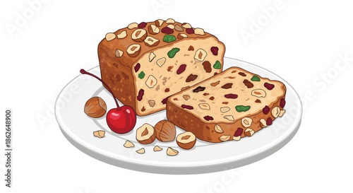 Traditional loaf of fruitcake with nuts and cherries served on a white plate with hazelnuts for a festive and delicious holiday treat.