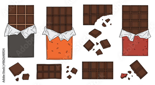 Assortment of chocolate bar illustrations with various colorful wrappers and broken pieces showing dark and milk chocolate contents.