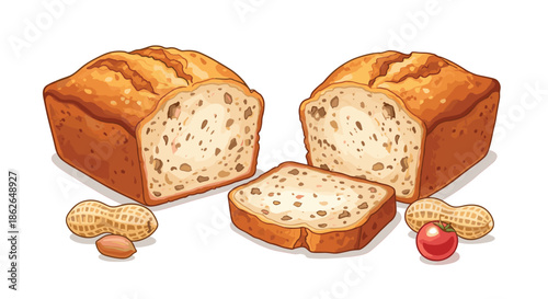 Two loaves of fresh banana bread with a sliced piece and scattered peanuts shown in a warm and inviting kitchen food illustration.