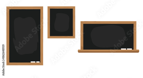 Trio of blank wooden framed chalkboards in various orientations providing a rustic and classic space for menus and notices.