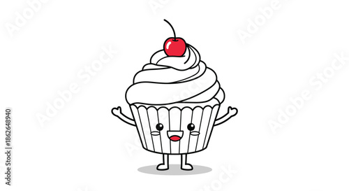 Adorable kawaii cupcake character with white frosting, a red cherry topper, and a happy winking face with small waving arms.
