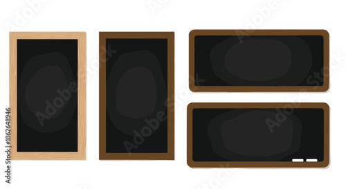 Four blank chalkboard frames in different shapes and sizes with wooden borders for restaurant menus and personalized messages.