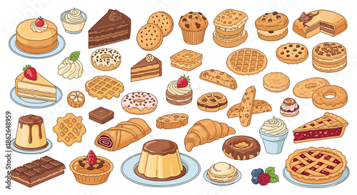 Comprehensive collection of various sweet treats including cakes, pies, donuts, and cookies in a colorful hand-drawn illustration.