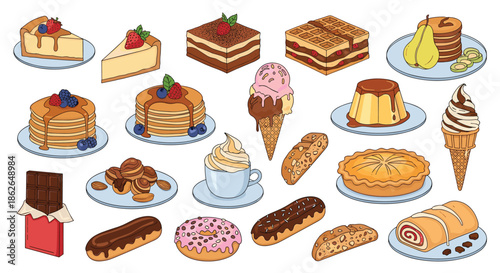 Assorted sweet food illustrations including pancakes, eclairs, ice cream cones, chocolate bars, and various fruit topped cakes on white.